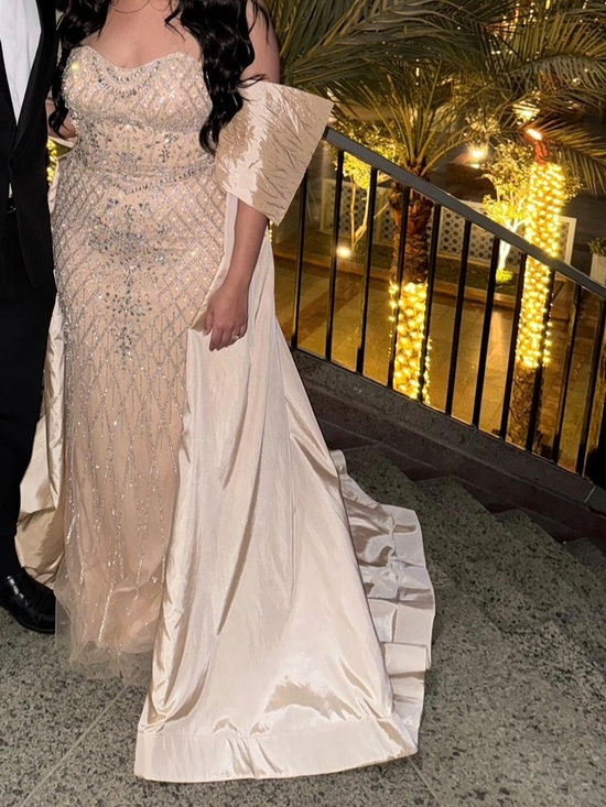 Dresses & Skirts - Embellished Champagne Evening Gown with Draped Cape